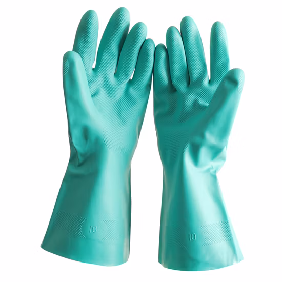Luvas de trabalho de segurança industrial reutilizáveis ​​verdes 100% borracha nitrílica resistentes a produtos químicos luvas guantes en420 en374